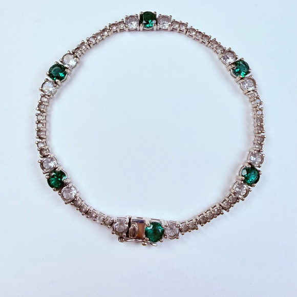 Unbranded Jewelry - Art Deco Revival Emerald and Topaz Glass 925 Sterling Silver Tennis Bracelet